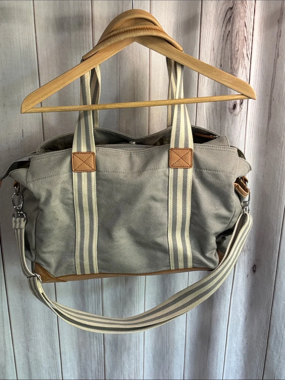 Pottery Barn Kids Classic Gray Stripe Diaper Bag Leather Trim